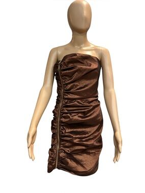 Calvin Klein brown metallic strapless ruched body con party gold zip detail